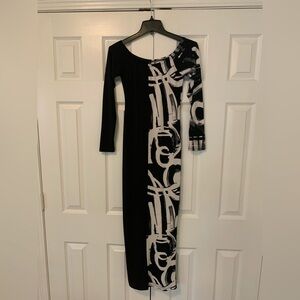 Black & White/Grey Abstract Print Long Sleeve Midi Dress